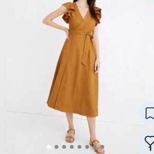 NWT Madewell Linen Blend Ruffle Sleeve Full Wrap Midi Dress Small Antique Gold